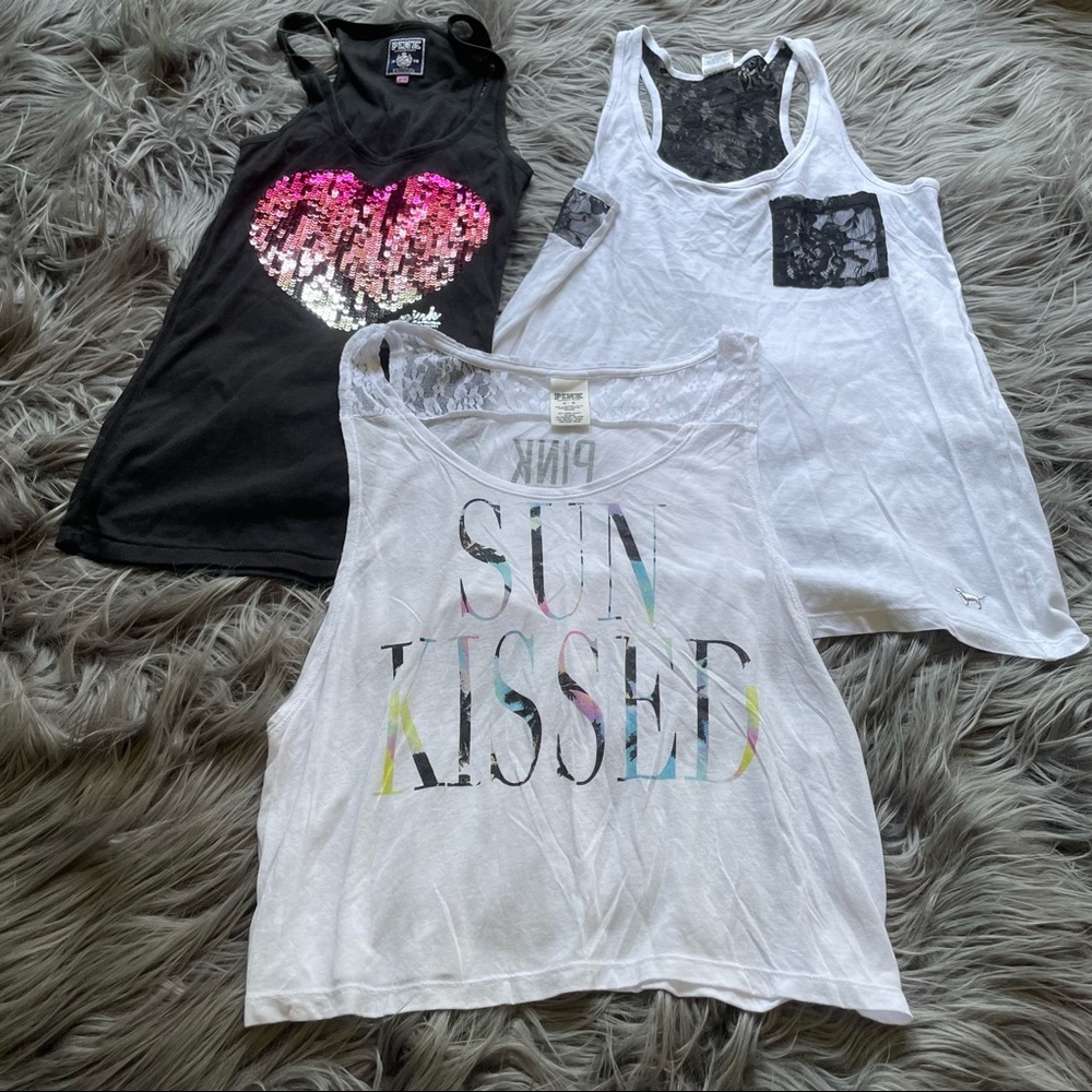 PINK Victoria’s Secret 3pc White Black Tank Set Size Medium